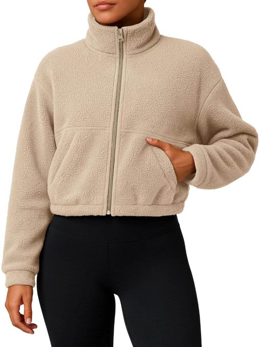 Women's Khaki 100% Polyester Cropped Stand Collar Full-Zip Fuzzy Fleece Jacket